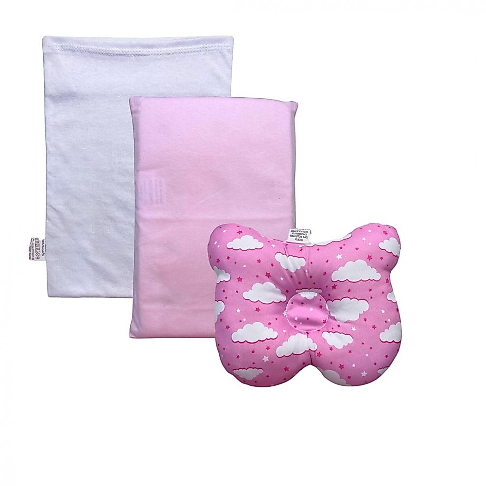 Kit Travesseiro Anatomico Anti Sufocante Fronha Bebe Infantil - Azul/Rosa