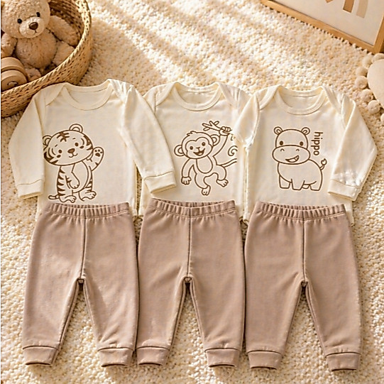 Conjunto Bebê Suedine 100% Algodão Body + Calça Estampa Safari Minimalista Animais Enxoval RN ao GG