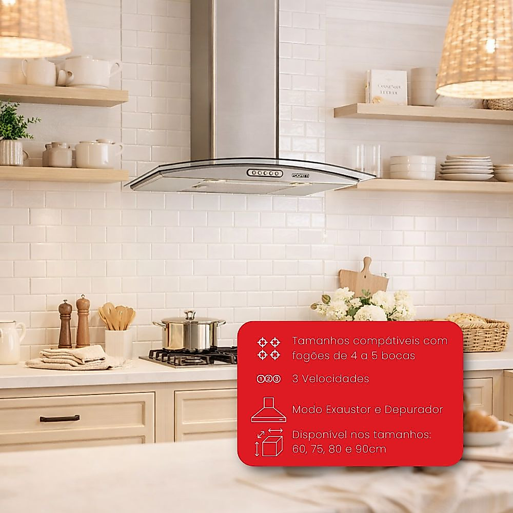 Coifa de Parede 75cm Vidro Curvo Duto Slim Fogatti Inox · foto 2