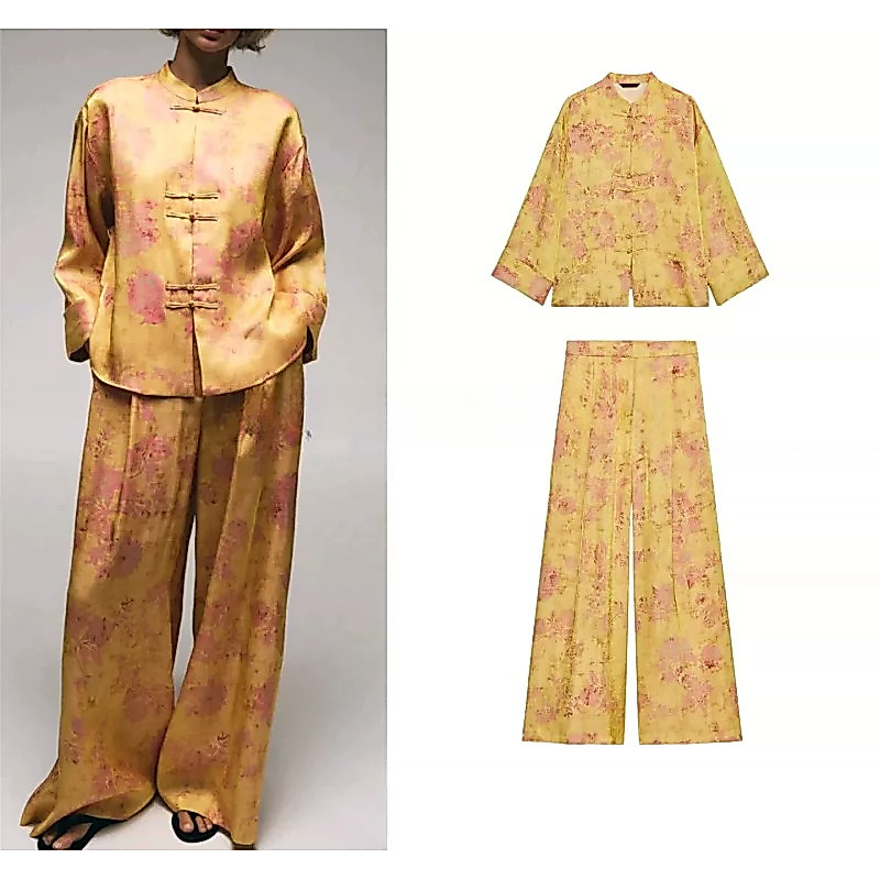 Nova camisa feminina estampada com botões e nó7039353 Calças largas7806353 Conjunto de conjunto de conjunto