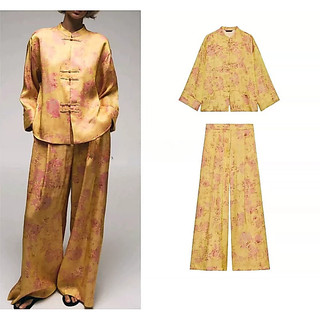 Nova camisa feminina estampada com botões e nó7039353 Calças largas7806353 Conjunto de conjunto de conjunto