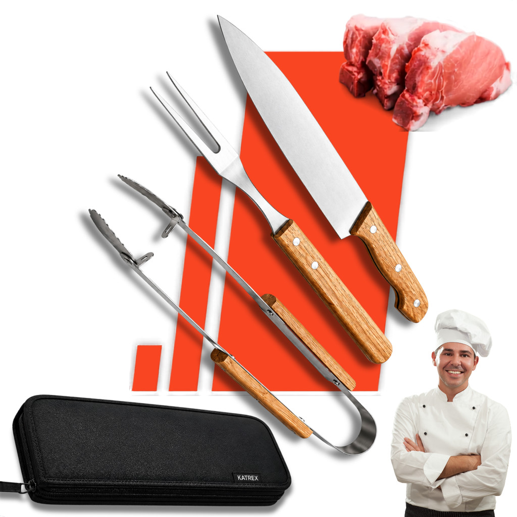 Kit Churrasco Profissional 3 Peças Inox Faca Garfo Pegador Estojo Maleta Bolsa Churrasqueiro Conjunto Utensílios Aço