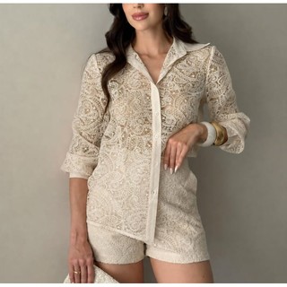 Conjunto Camisa de Renda Premium + Short Forrado com Renda