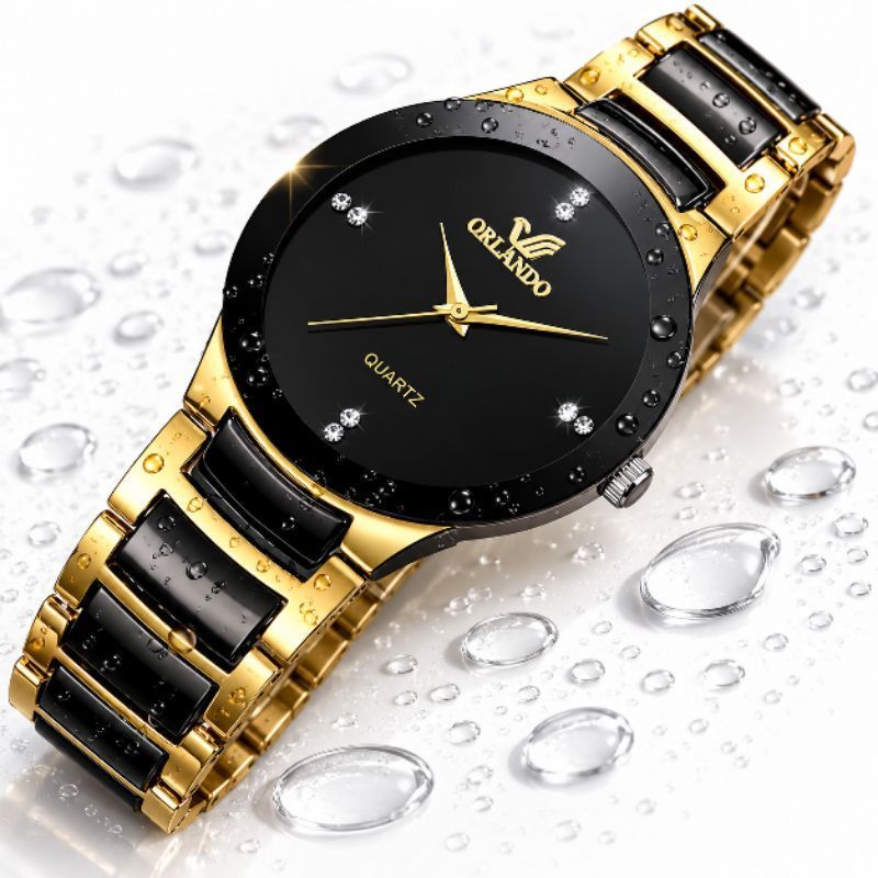 Relógio Unissex Orland Quatzo Preto/Dourado Caixa e pulseira em Aço Resistente a Respingos