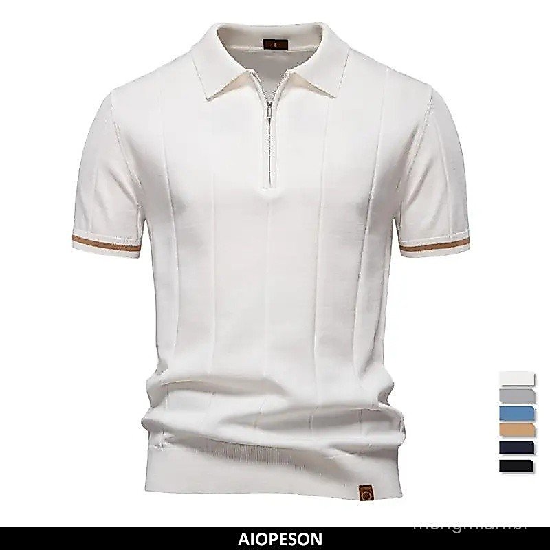 Camisa Polo Esportiva Masculina AIOPESON de Cor Sólida com Zíper, Camisas Polo Sociais para Homens, Ajuste Slim para Esc