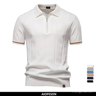 Camisa Polo Esportiva Masculina AIOPESON de Cor Sólida com Zíper, Camisas Polo Sociais para Homens, Ajuste Slim para Esc