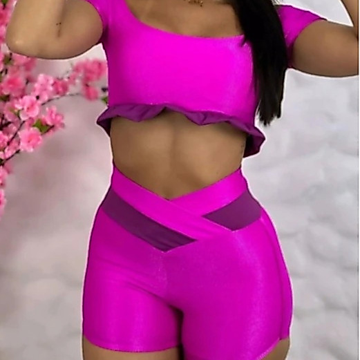 Conjunto Fitness Feminino Academia Short Cós V Cruzado + Top com Babado e Bojo Removível Veste 34 ao 42