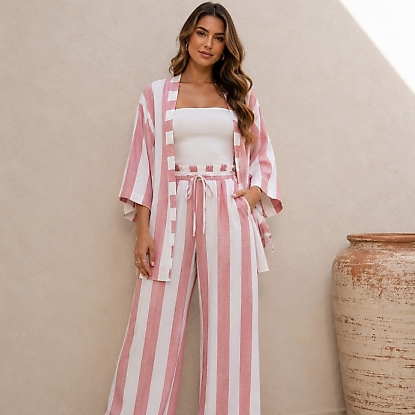 Conjunto Listrado, Kimono mais calça pantalona, Casual, Femenino, Elegante, Primavera-Verão.