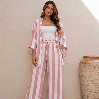 Conjunto Listrado, Kimono mais calça pantalona, Casual, Femenino, Elegante, Primavera-Verão.