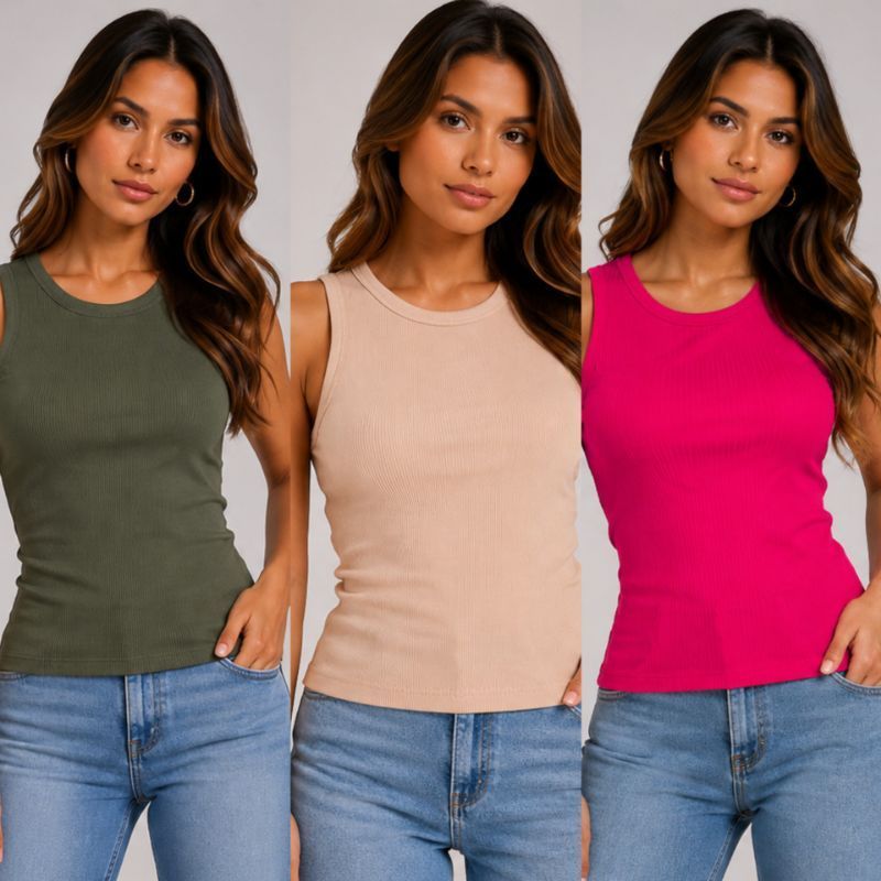 Kit 5 regata Ribana feminina confortável regatinha alça grossa cores primavera verão