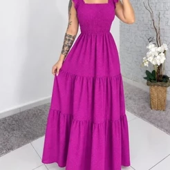 Longo vestido femenino tres Marias com alça e babado vestido duna