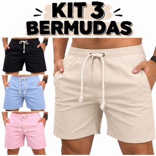 Kit 3 Bermudas Masculinas Mauricinho de Linho Premium Verão Casual Social Cós Elástico Bolsos Confortável Moda Masculina