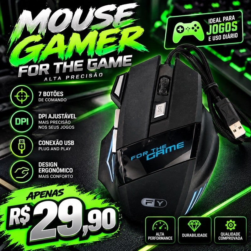Mouse Gamer For The Game 7 Botões DPI Ajustável USB Com Fio – Novo Sem Embalagem