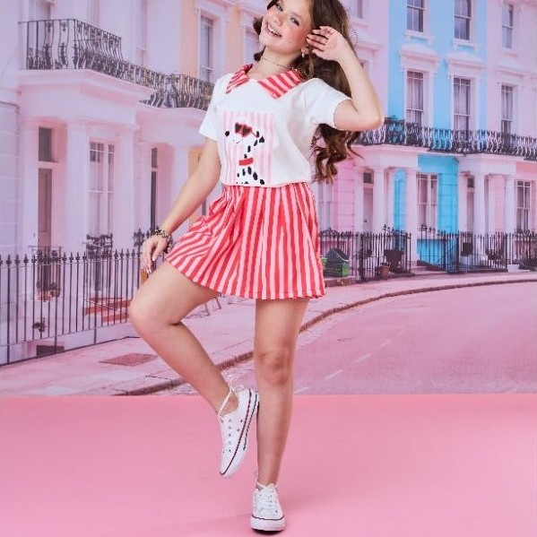 Conjunto Infantil Menina T-Shirt e Short Saia Listrado Rosa | Look Infantil Feminino | Roupa Infantil