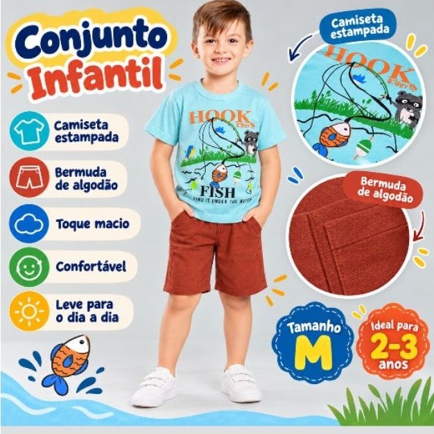 Conjunto Infantil Camiseta Estampada e Bermuda de Algodão Tamanho M para 2-3 anos