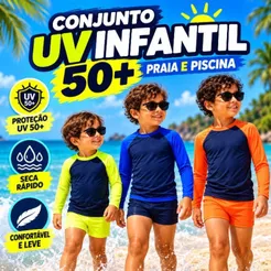 Conjunto Infantil Menino Juvenil Praia e Piscina Camisa Manga Longa Proteção UV 50+ Sunga Boxer Moda Praia Verão