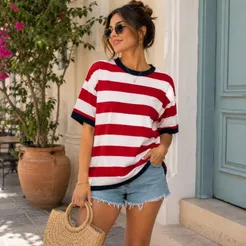 Blusa Feminina Listrada em Fio Modal Premium Manga Curta Toque Gelado