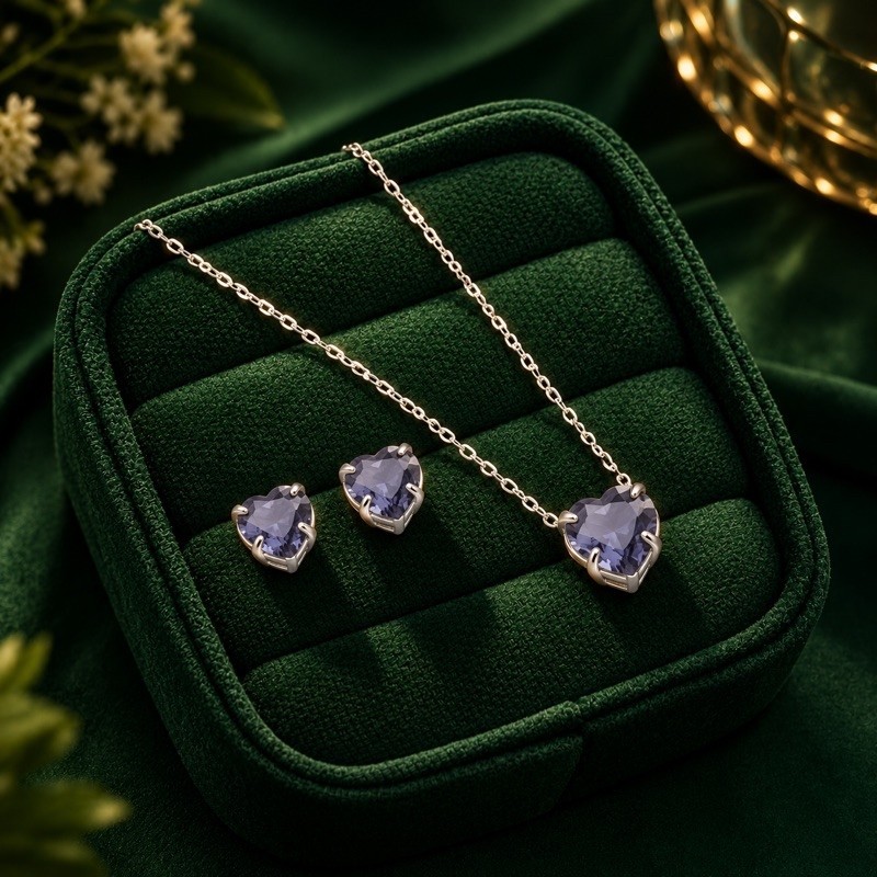 Conjunto Brinco e Colar Coração Lilás em Prata 925