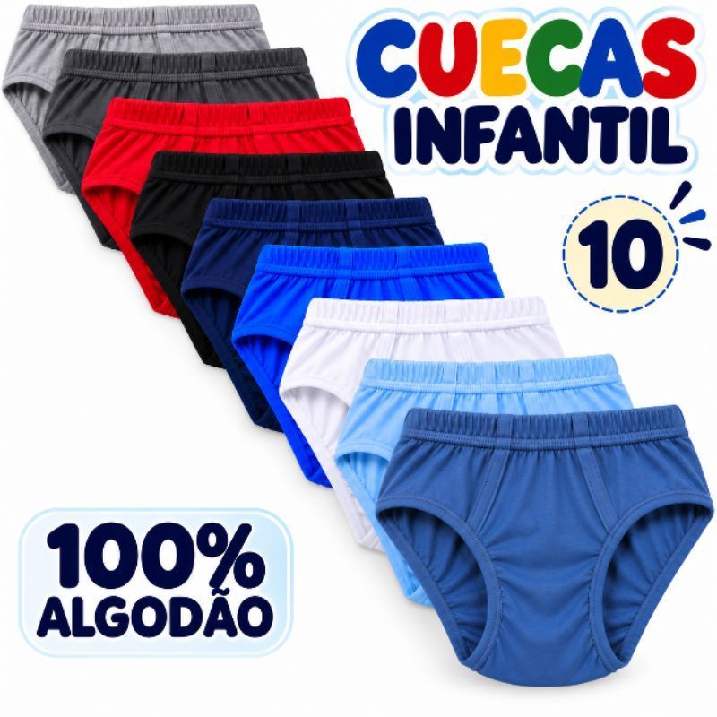 Kit 3,5 Ou10 Cuecas Infantil e Juvenil Com Forro 100%Algodão  Cores Sortidas