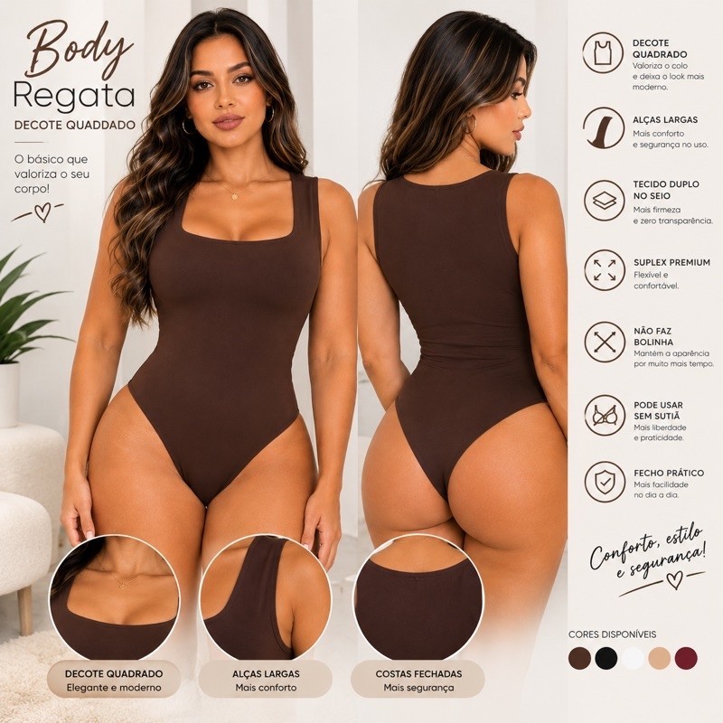Body Bori Feminino Suplex Regatas Alças Grossas Collant Decote Quadrado Básico Casual