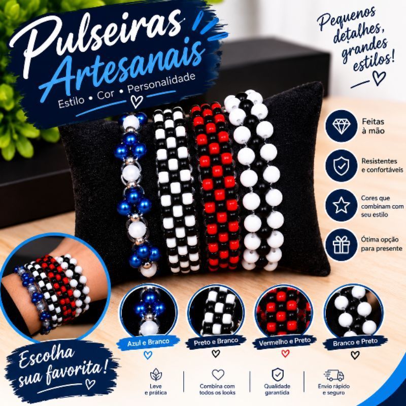 Pulseira Artesanal de Miçangas Coloridas – Várias Cores e Estilos 🖤🤍💙❤️