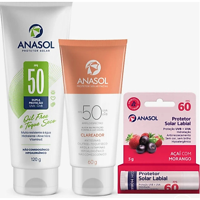 Imagem Kit Proteção e Tratamento Anasol Protetor Corporal FPS 50 + Facial Clareador + Labial FPS 60 Açaí