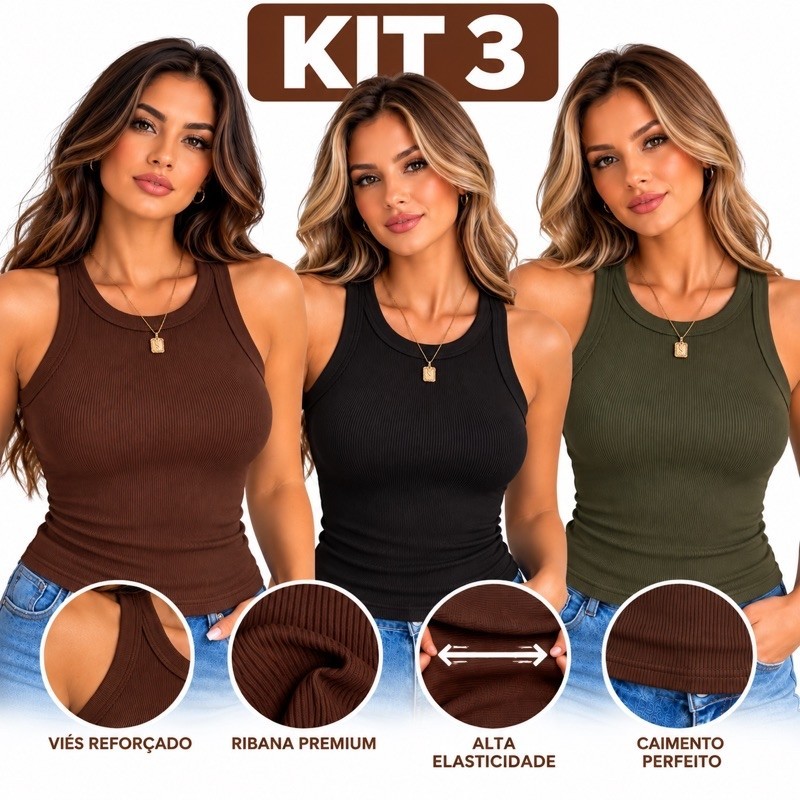 kit 3 Blusa Regatas Caneladas Feminina Ribana Algodão Com Elastano Premium Regatinha Casual Confortavél