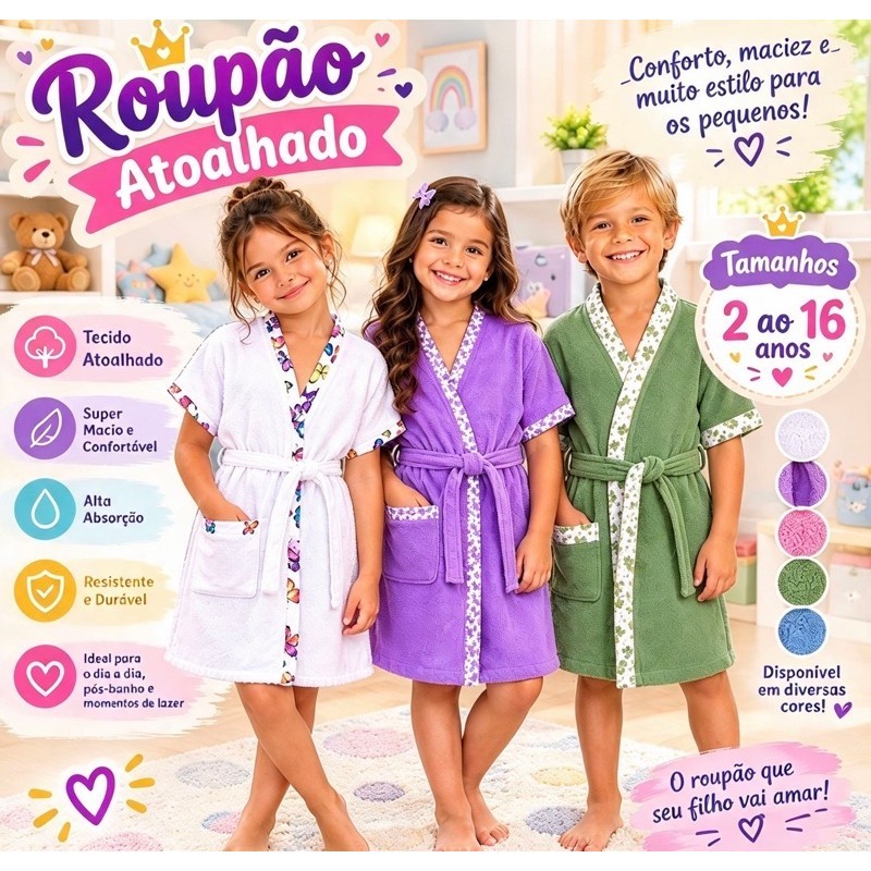 Roupão Atoalhado Infantil e Juvenil - ideal para Saída de Banho e Piscina