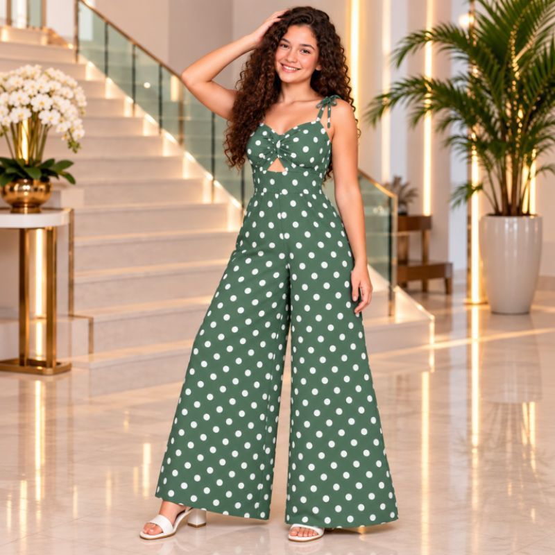 Macacão Longo Poá Pantalona Juvenil Glendha Festa Eventos Casual Moderno Versátil Premium — imagem 2 de 2