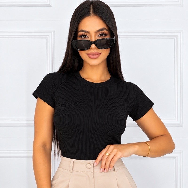 Blusa Canelada Manga Curta Moda Feminina Canelada Básica Promoção
