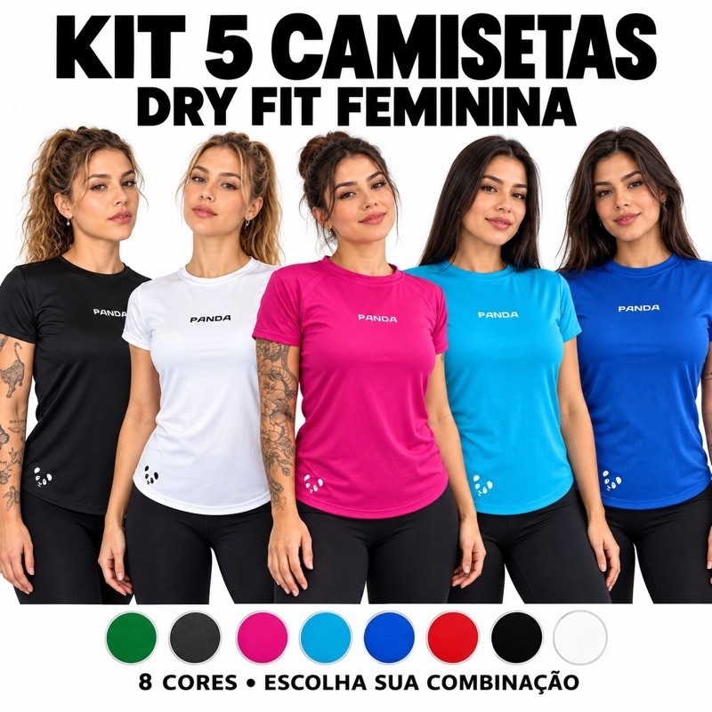 camiseta dry fit feminina kit com 5 proteção uv secagem rápida anti odor para academia, corrida, treino confortável