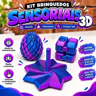 Kit Sensorial 3 Brinquedos 3D Antiestresse Relaxamento Concentração Ovo sensorial, Cubo infinito e estrela sensorial