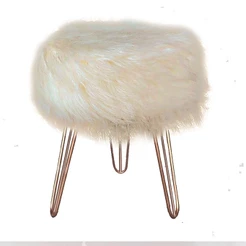 Puf, Puff Para Sala E Hall De Entrada Redondo Pelúcia Marfim Off White Bege Pés de Ferro Rose gold