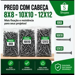 Prego com Cabeça Aço 8x8 10x10 12x12 Kit 100 300 500 Unidades para Marcenaria e Artesanato