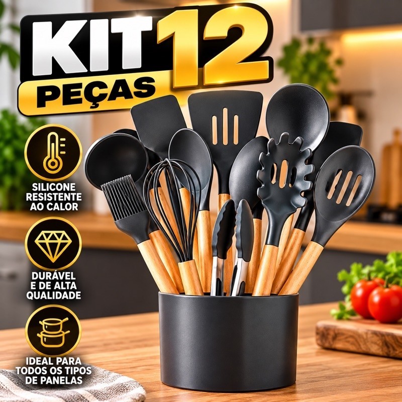 Kit 12 Utensílios de Cozinha Silicone Resistente ao Calor com Suporte e Cabos de Madeira