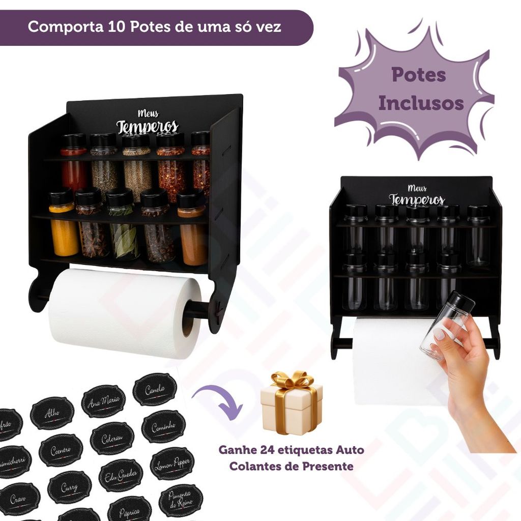 Kit Suporte Porta Temperos Com Apoio Papel Toalha + 10 Potes Inclusos + Adesivos Para Condimentos em Oferta na Shopee