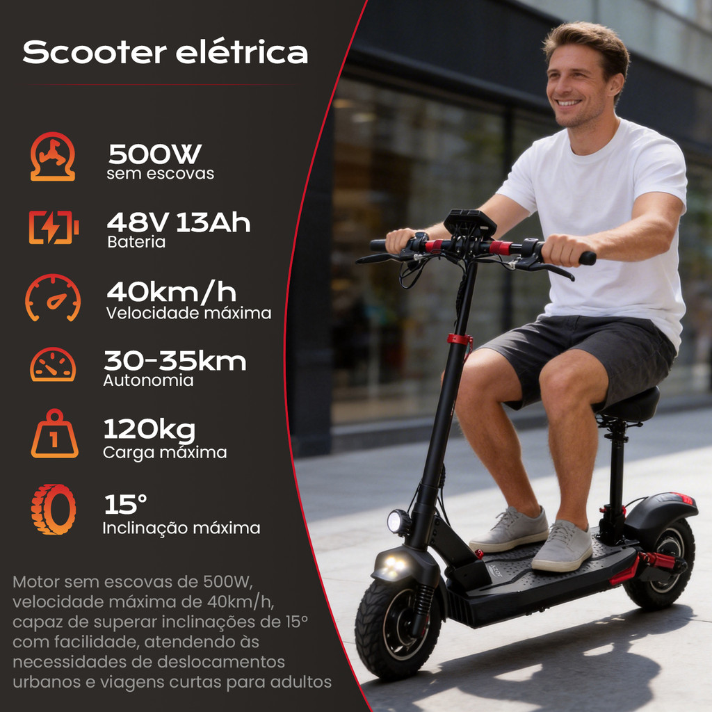 Scooter Elétrica 500W 48V 13Ah com Assento - 10 Polegadas, 40km/h, Autonomia 35km