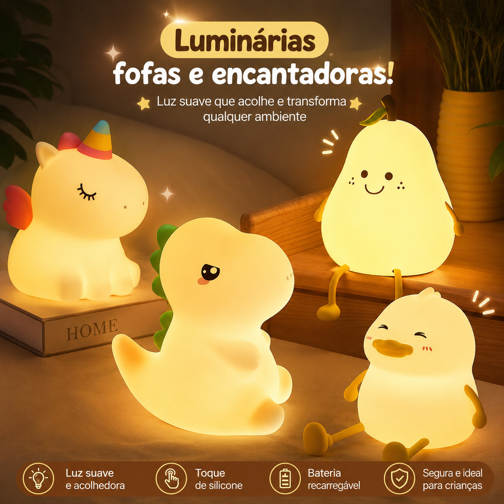 Luminária LED de Silicone Touch Muda de Cor Recarregável Luz Noturna Unicórnio Pato Dinossauro Pêra