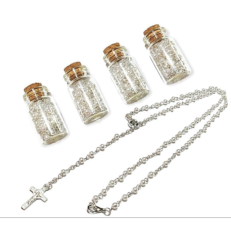 Garrafinha de Vidro com Rolha de Cortiça com Colar Terço Religioso Católico Fé Cristã Lembrancinha Casamento Batizado