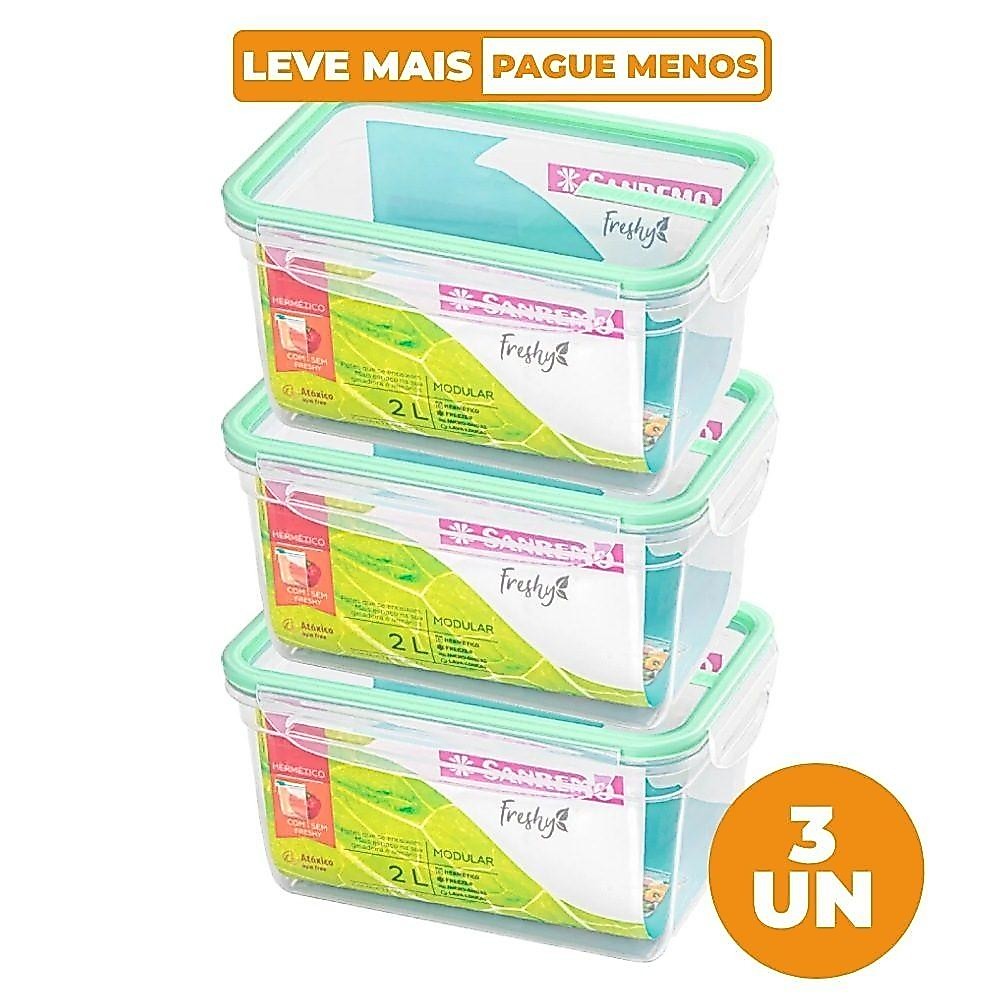 Kit 3 Potes Plásticos com Travas Herméticos Verde Menta 2L Freshy Sanremo