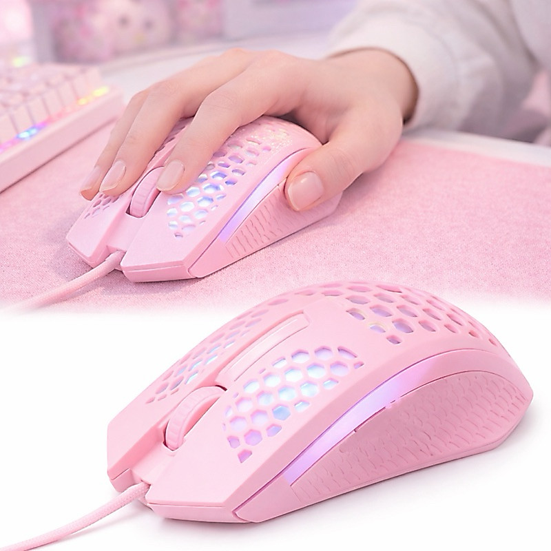 Mouse Rosa Com Fio Luz De LED 7 Cores Com Transição De Cores