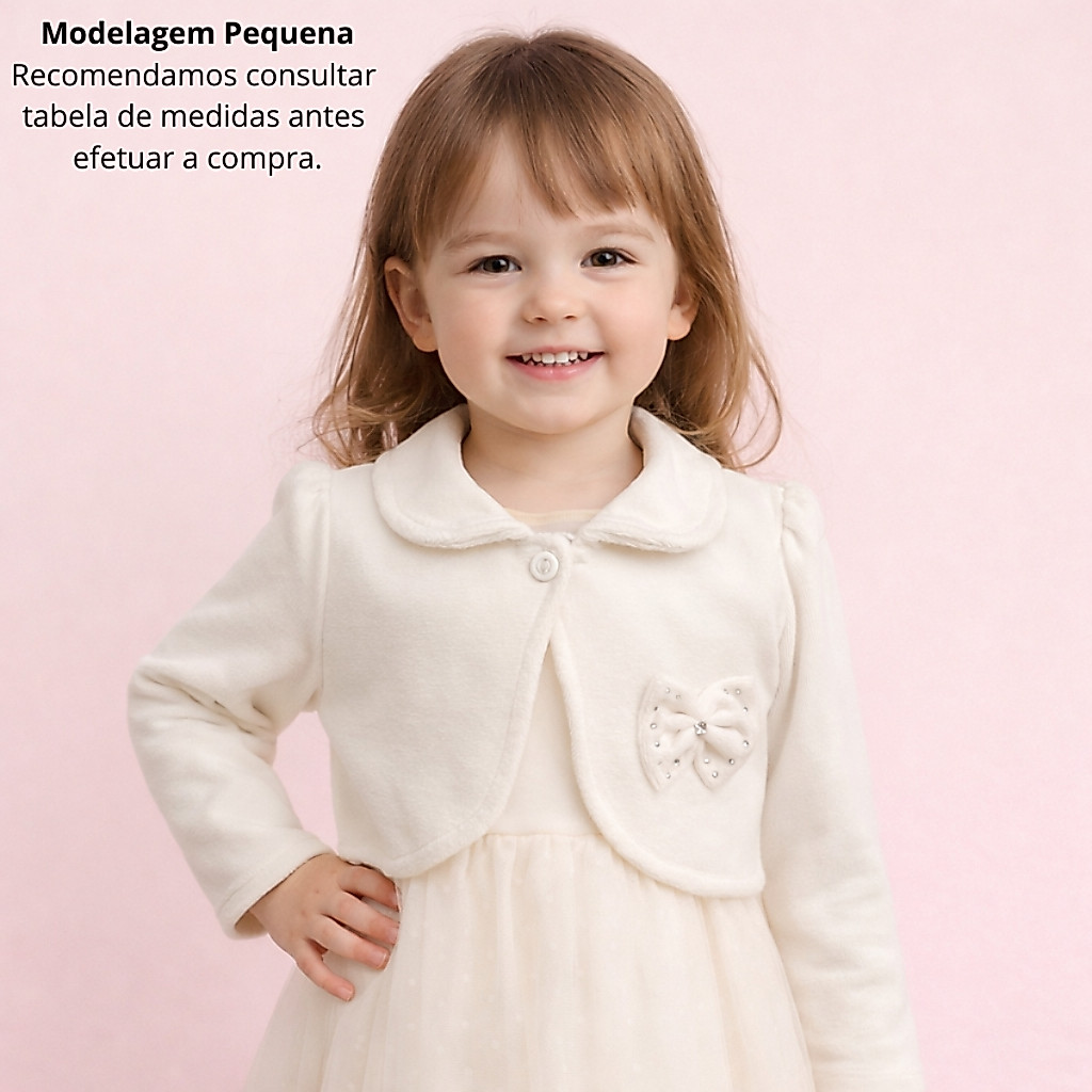 Bolero Casaco Infantil Inverno Off White Bege Plush Festa Casamento