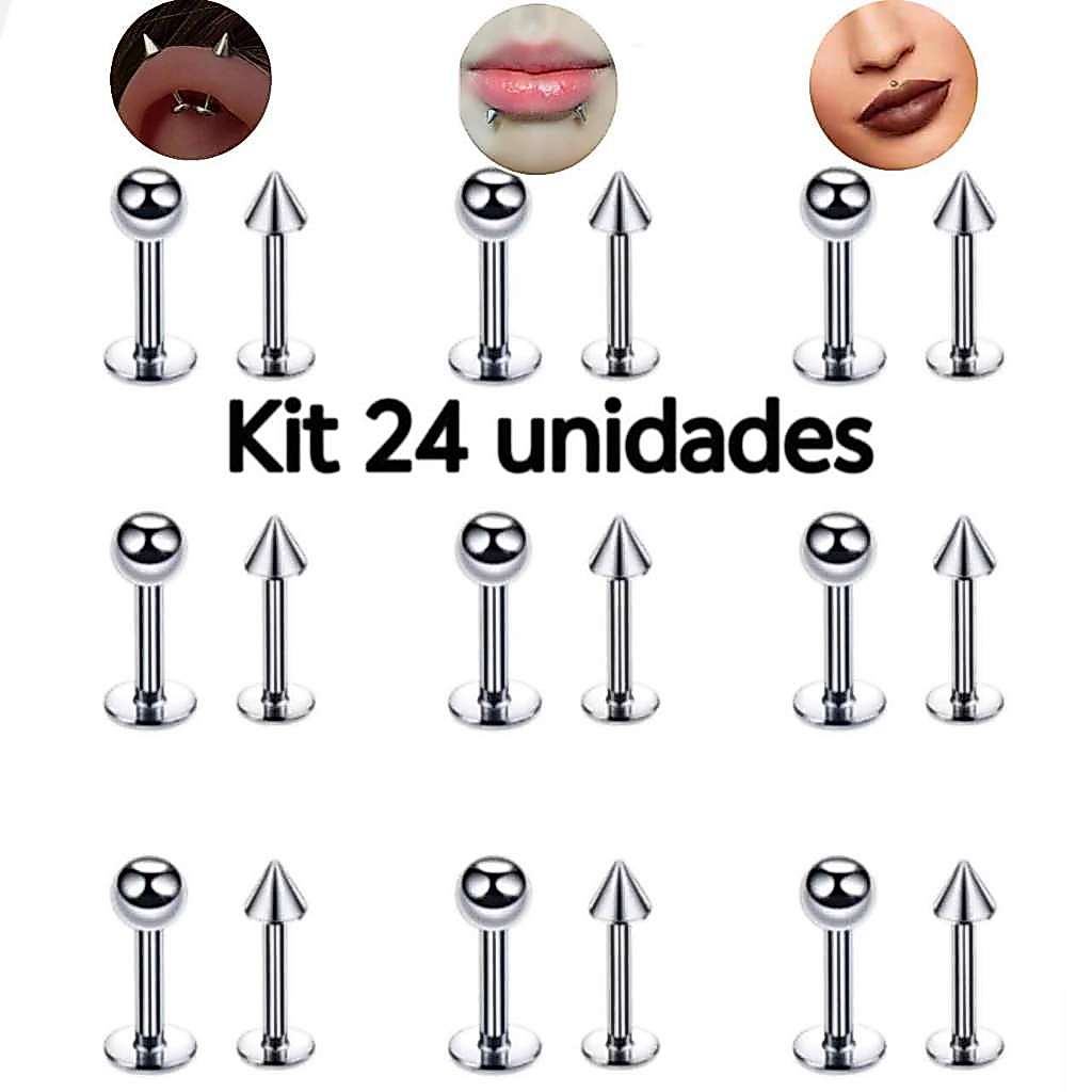 Kit 24 Piercing Labret Bolinha + Queixo Spike Aço Cirúrgico