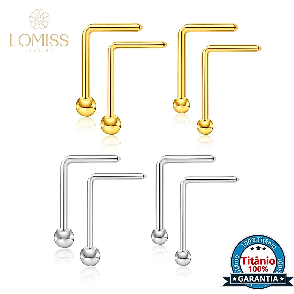 Piercing Nostril Formato L Titânio Pvd Bolinha | Piercing de Nariz Dourado Ponto de Luz | Aba Nasal