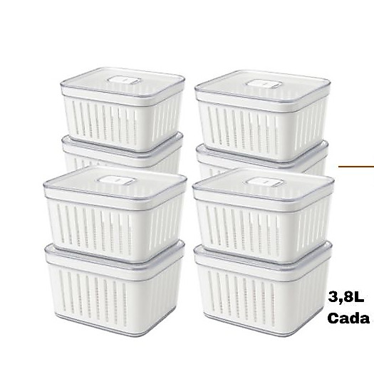 Kit 8 Organizador de Geladeira 3.8 Litros Cesto Com Tampa Multiuso Alimentos Verduras e Vegetais