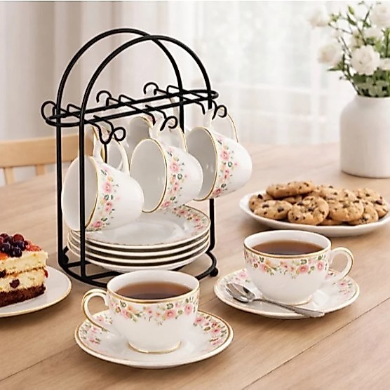 Suporte Porta Xícaras e Pires  De Café E Pires 6 Ganchos De Mesa preto