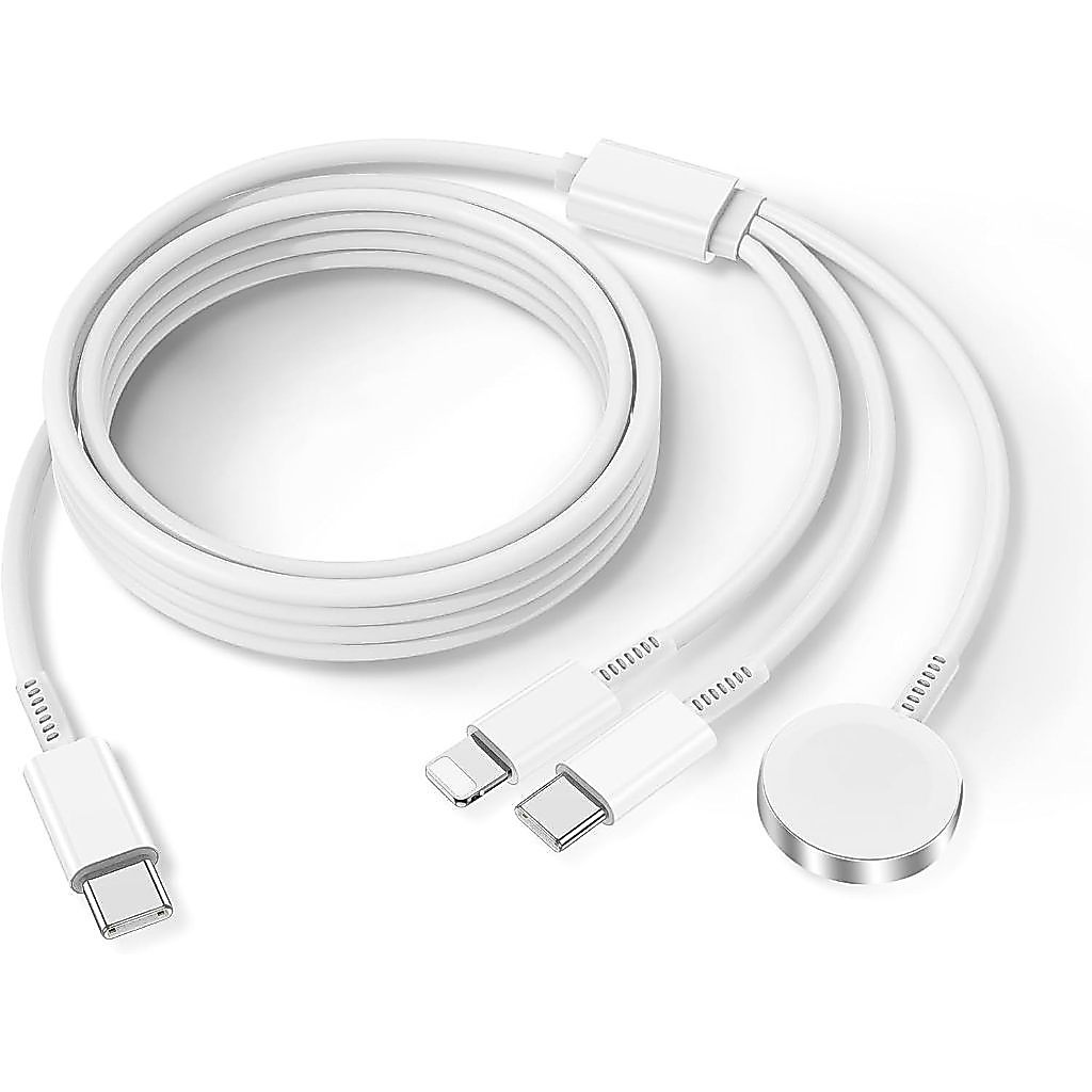Carregador Magnético 3 em 1: Lightning, Tipo-C/USB, Indução e Cabo de 1.2m para Relógio