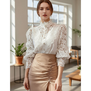 Blusa de Renda Feminina Gola Alta Manga Longa Bufante Elegante para Festa e Trabalho QUALY