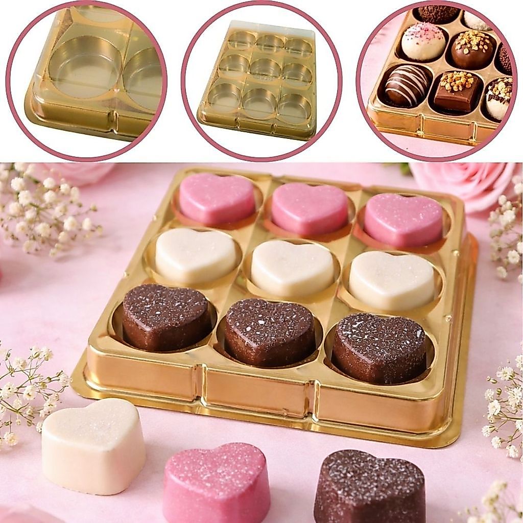 10 CAIXA EMBALAGEM P/ 9 DOCES E BOMBONS - DOURADO BWB 14260