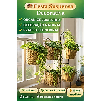 Cesta Suspensa de Juta para Parede Feita à Mão Decorativa Organizadora